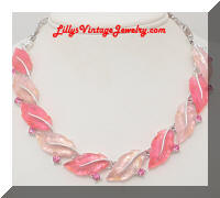 LISNER Pink Rhinestones Molded Lucite Leaf Necklace