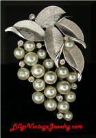 Vintage TRIFARI faux Pearls Rhinestones Grapes Brooch