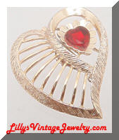 Vintage Golden Heart Red Rhinestone Brooch