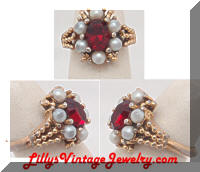 Vintage AVON Red Rhinestone faux Pearls Cocktail Ring