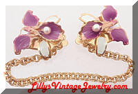 Vintage Enamel faux Pearls Orchids Sweater Clips Guard