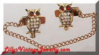 Vintage Golden Owls Rhinestones Sweater Guard Clips