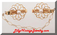 Vintage Golden Flowers Pearls Sweater Guards Clips