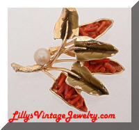 Vintage ART Coral Enamel Nature Leaves Brooch