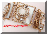 Vintage MOP Rhinestones faux Pearls Filigree Bracelet