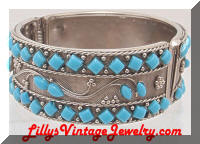 Turquoise Cabs Silver Hinged Bracelet