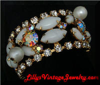 White Milk Glass AB Rhinestones Pearls Dangles Vintage Bracelet