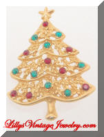 Golden Red Green Rhinestones Christmas Tree Brooch marked 4609