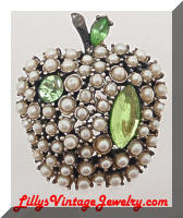 Vintage ART Pearls Rhinestones Apple Brooch