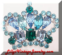 Vintage Blue Green Rhinestones Crown brooch