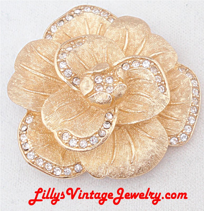 Christian DIOR Golden Rhinestones Rose Brooch w/ Box from lillysvintagejewelry.com