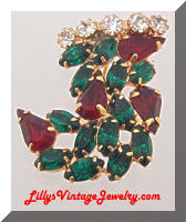 Vintage Christmas Stocking Red Green Rhinestones Brooch