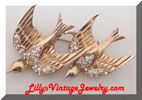 CORO Duette Sterling Swallow Birds Fur Clips Brooch