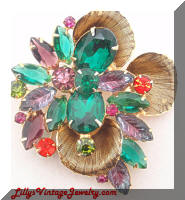 Juliana DeLizza Elster Green Purple Rhinestones Vintage Brooch