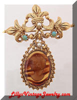 Vintage FLORENZA Dangle Cameo Golden Brooch