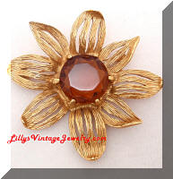 Vintage FLORENZA Golden Topaz RS Flower Brooch