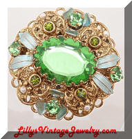 Vintage GERMANY Green Rhinestones Enamel Filigree Brooch