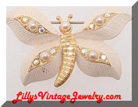 Vintage GERMANY White Enamel AB Rhinestones Butterfly Brooch