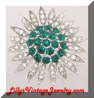 Vintage LISNER Green Rhinestones Flower Brooch