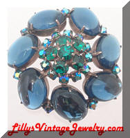 Vintage Montana Blue Cabs Green AB Rhinestones Brooch