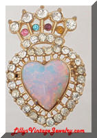 Vintage faux Opal Crowned Heart w/ Rhinestones Brooch