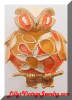 Cute Vintage Orange Enamel Owl Brooch