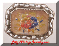 Vintage Framed Floral Goofus Glass Paperweight Brooch