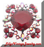 Vintage Japanned AB Red Rhinestones Brooch