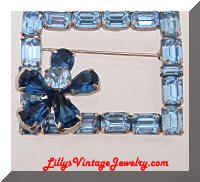 Vintage SHERMAN Blue Rhinestones Floral Picture Frame Brooch