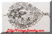 Silver Open Filigree Gray Rhinestones Leaf Brooch