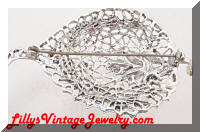 Silver Open Filigree Gray Rhinestones Leaf Brooch