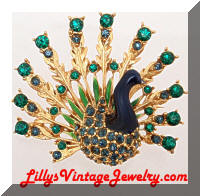 Vintage SPHINX Enamel Rhinestones Peacock Brooch