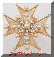 Vintage TRIFARI Golden faux Pearls Rhinestones Maltese Cross Brooch