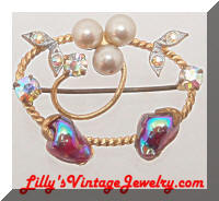 Vintage W. GERMANY Art Glass Pearls Rhinestones Pin