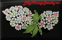 Vintage White Enamel Pastel Rhinestones Floral Brooch