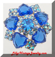 Vintage AB Blue Hearts Rhinestones Domed Brooch