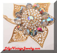 Vintage Golden Leaf Rhinestones Crystals Brooch