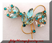 Vintage Aqua Rhinestones Floral Brooch