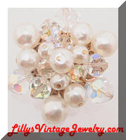 Vintage AB Crystals faux Pearls Cluster Brooch