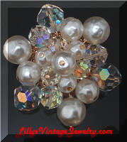 Vintage AB Crystals faux Pearls Cluster Brooch