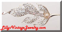 Vintage Paste Rhinestones faux Pearl Leaf Brooch