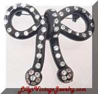 Vintage Black Celluloid Plastic Bow Rhinestones Brooch