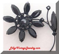 Vintage Black Rhinestones Japanned Flower Brooch