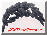 Vintage Jet Black Rhinestones Leaf Brooch