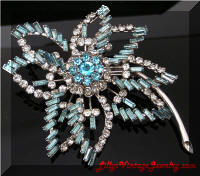 Large Blue Rhinestones Floral Leaf Vintage Brooch