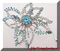 Large Blue Rhinestones Floral Leaf Vintage Brooch