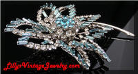 Large Blue Rhinestones Floral Leaf Vintage Brooch