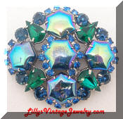 carnival blue green rhinestones vintage brooch