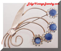 Vintage Retro Blue Moonstones Rhinestones Flowers Brooch