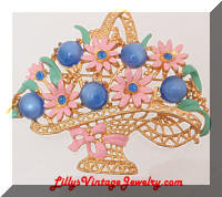 Vintage Large Golden Blue Moonstone Rhinestones Floral Basket Brooch